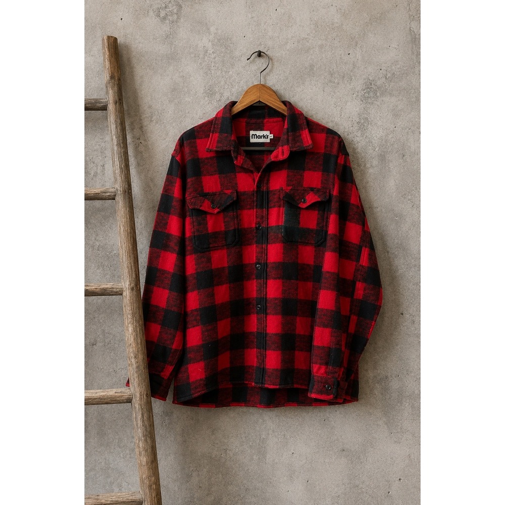 Vintage Marks Red Buffalo Plaid Fleece Shacket Jacket Men XL Lumberjack Workwear